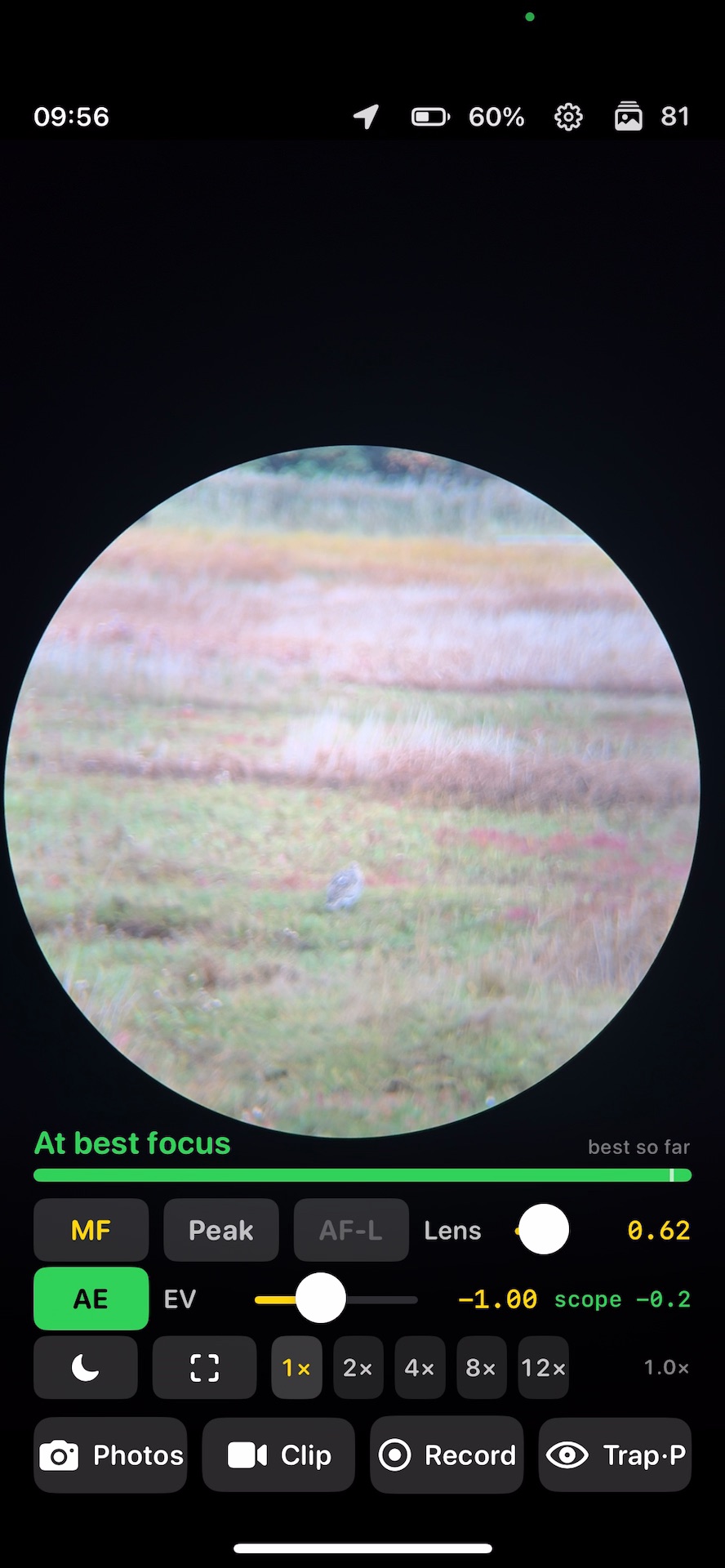 Torimado in MF, with the focus slider and At best focus message visible.